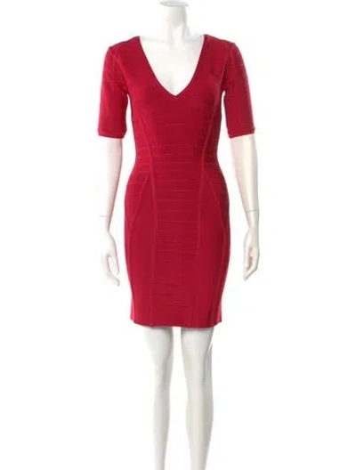 Pre-owned Herve Leger V-neck Mini Dress In Red