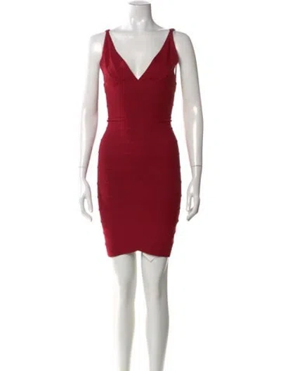 Pre-owned Herve Leger V-neck Mini Dress In Red
