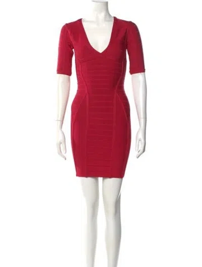 Pre-owned Herve Leger V-neck Mini Dress In Red