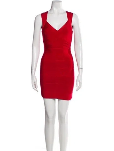 Pre-owned Herve Leger V-neck Mini Dress In Red