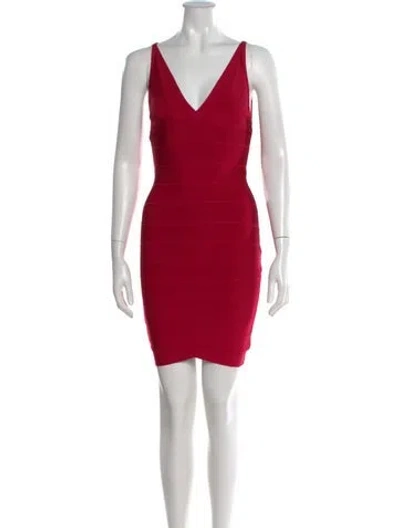 Pre-owned Herve Leger V-neck Mini Dress In Red