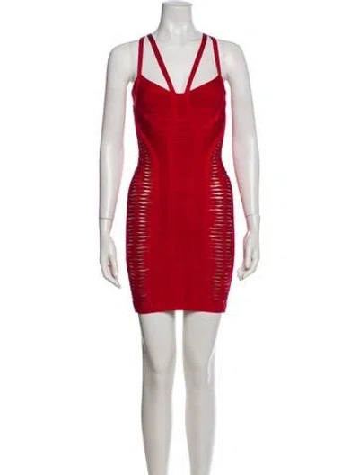 Pre-owned Herve Leger V-neck Mini Dress In Red