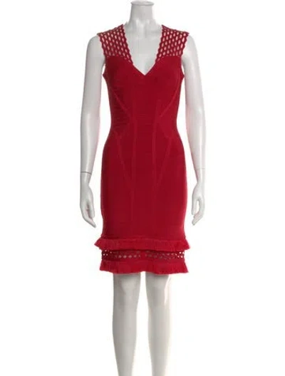 Pre-owned Herve Leger V-neck Mini Dress In Red