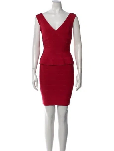 Pre-owned Herve Leger V-neck Mini Dress In Red