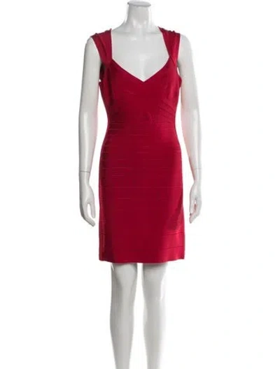 Pre-owned Herve Leger V-neck Mini Dress In Red