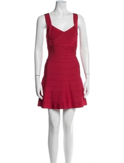 Pre-owned Herve Leger V-neck Mini Dress In Red