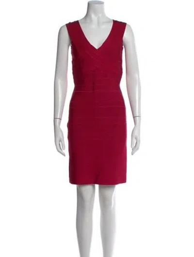 Pre-owned Herve Leger V-neck Mini Dress In Red