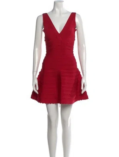 Pre-owned Herve Leger V-neck Mini Dress In Red