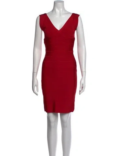 Pre-owned Herve Leger V-neck Mini Dress In Red