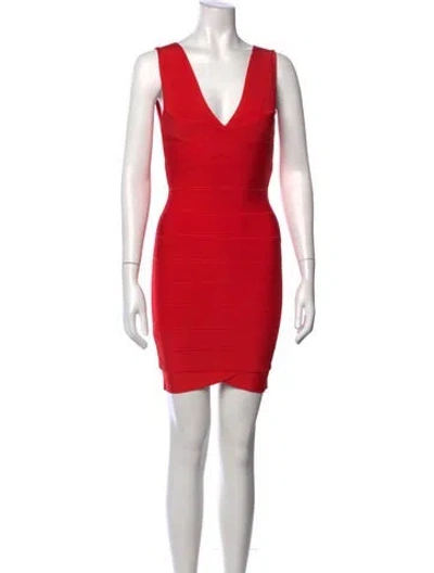 Pre-owned Herve Leger V-neck Mini Dress In Red