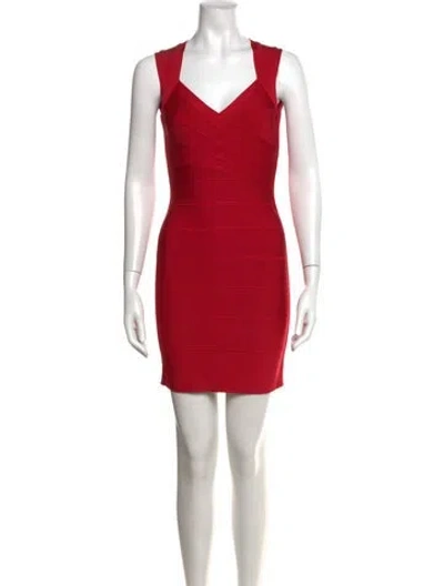Pre-owned Herve Leger V-neck Mini Dress In Red