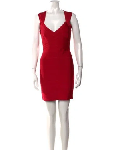 Pre-owned Herve Leger V-neck Mini Dress In Red