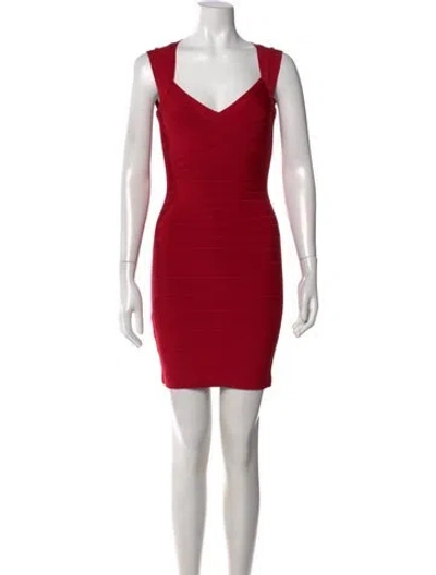 Pre-owned Herve Leger V-neck Mini Dress In Red