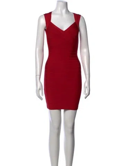 Pre-owned Herve Leger V-neck Mini Dress In Red
