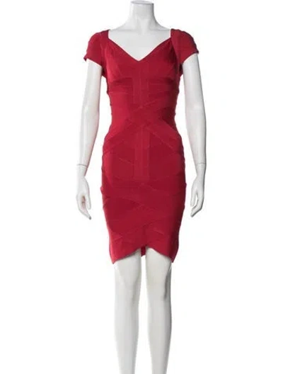 Pre-owned Herve Leger V-neck Mini Dress In Red