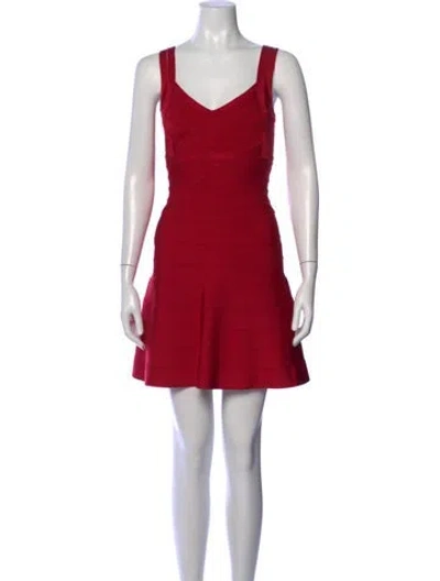 Pre-owned Herve Leger V-neck Mini Dress In Red