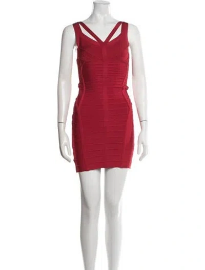 Pre-owned Herve Leger V-neck Mini Dress In Red