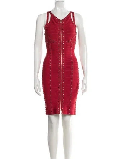 Pre-owned Herve Leger V-neck Mini Dress In Red