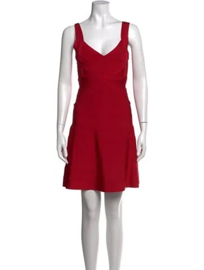Pre-owned Herve Leger V-neck Mini Dress In Red