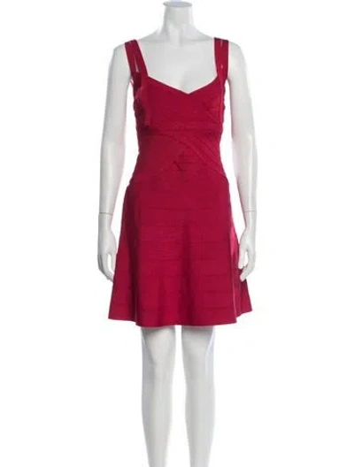 Pre-owned Herve Leger V-neck Mini Dress In Red