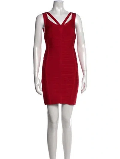 Pre-owned Herve Leger V-neck Mini Dress In Red
