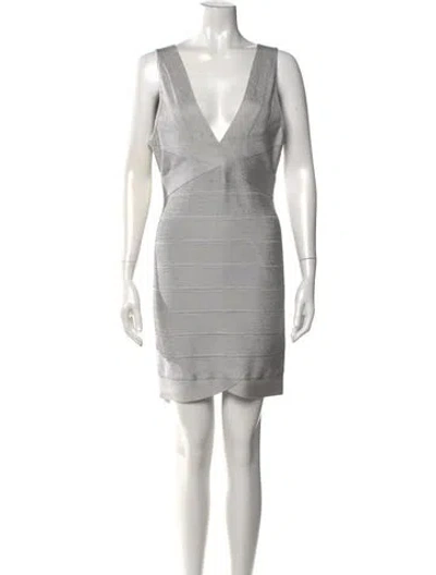 Pre-owned Herve Leger V-neck Mini Dress In Silver