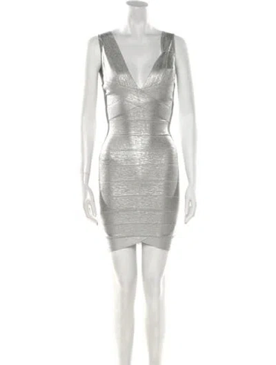 Pre-owned Herve Leger V-neck Mini Dress In Silver