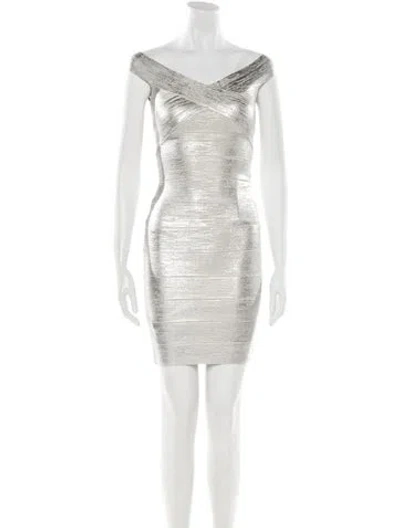 Pre-owned Herve Leger V-neck Mini Dress In Silver