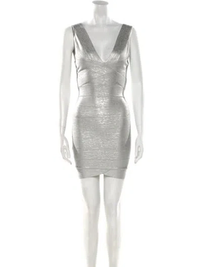 Pre-owned Herve Leger V-neck Mini Dress In Silver