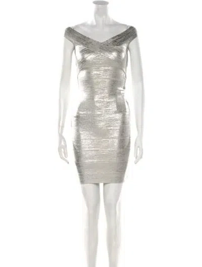 Pre-owned Herve Leger V-neck Mini Dress In Silver