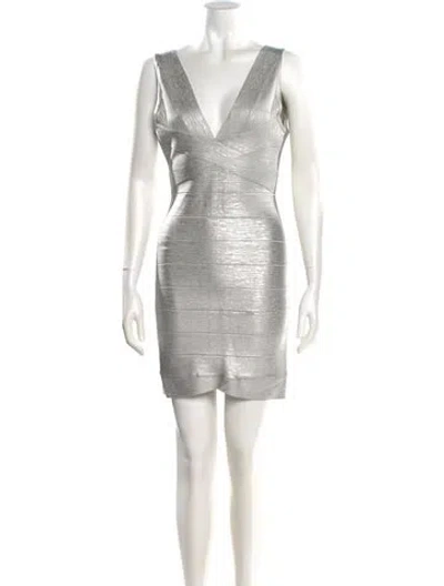 Pre-owned Herve Leger V-neck Mini Dress In Silver