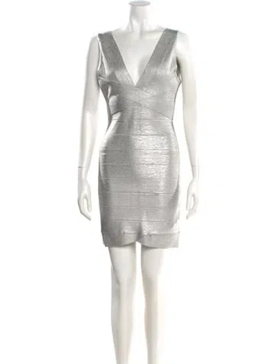 Pre-owned Herve Leger V-neck Mini Dress In Silver