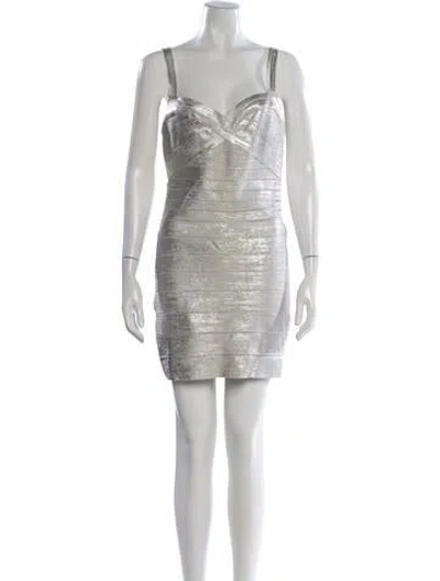 Pre-owned Herve Leger V-neck Mini Dress In Silver