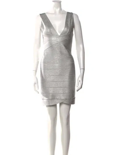 Pre-owned Herve Leger V-neck Mini Dress In Silver