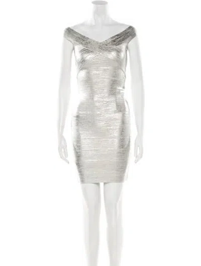 Pre-owned Herve Leger V-neck Mini Dress In Silver
