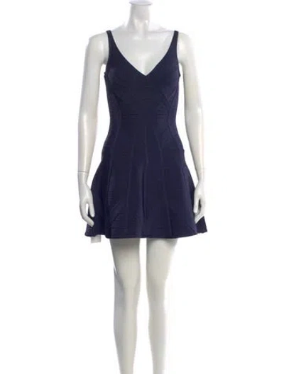 Pre-owned Herve Leger V-neck Mini Dress W/ Tags In Blue