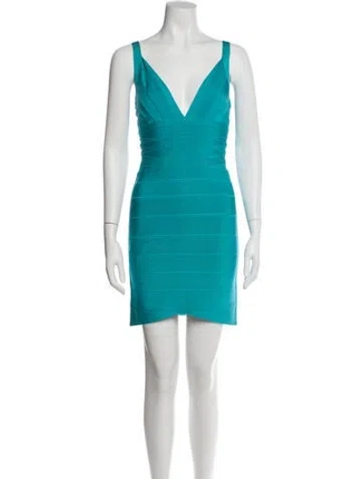 Pre-owned Herve Leger V-neck Mini Dress W/ Tags In Blue