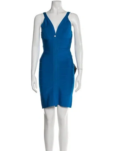 Pre-owned Herve Leger V-neck Mini Dress W/ Tags In Blue