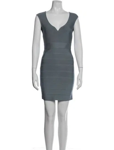 Pre-owned Herve Leger V-neck Mini Dress W/ Tags In Blue