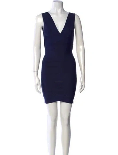 Pre-owned Herve Leger V-neck Mini Dress W/ Tags In Blue