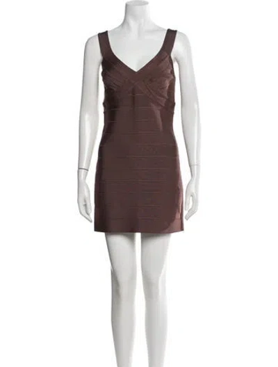Pre-owned Herve Leger V-neck Mini Dress W/ Tags In Brown