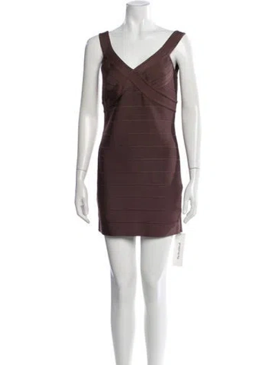 Pre-owned Herve Leger V-neck Mini Dress W/ Tags In Brown