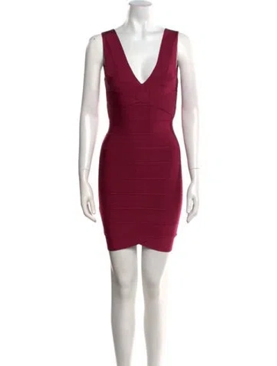 Pre-owned Herve Leger V-neck Mini Dress W/ Tags In Burgundy