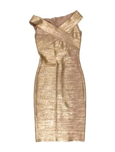 Pre-owned Herve Leger V-neck Mini Dress W/ Tags In Gold