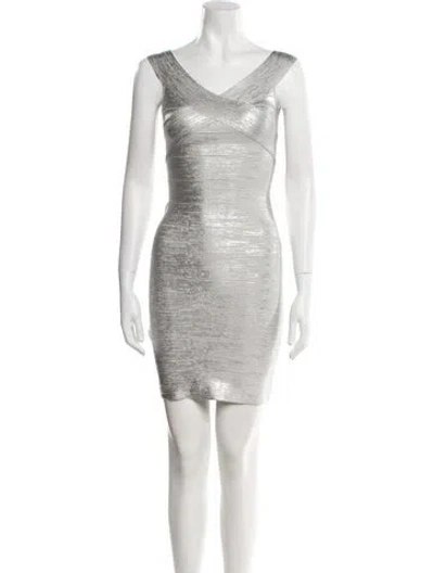 Pre-owned Herve Leger V-neck Mini Dress W/ Tags In Gray