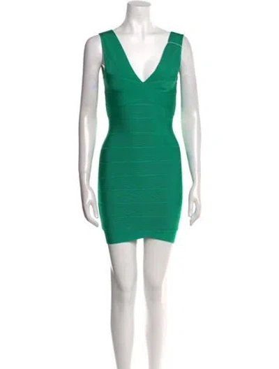 Pre-owned Herve Leger V-neck Mini Dress W/ Tags In Green
