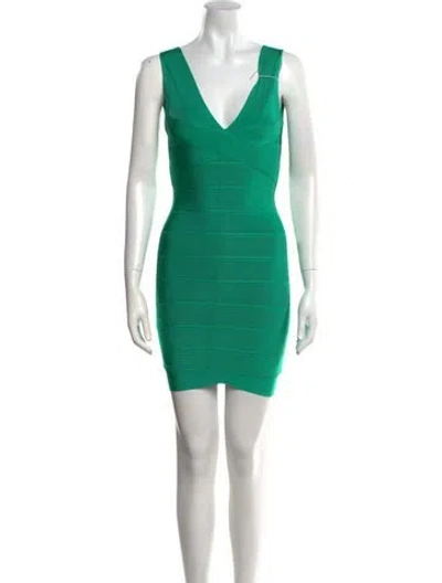 Pre-owned Herve Leger V-neck Mini Dress W/ Tags In Green