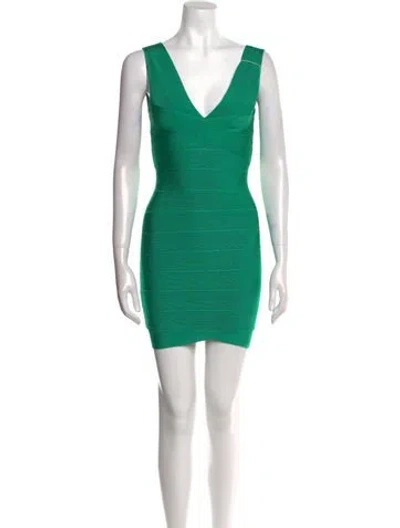 Pre-owned Herve Leger V-neck Mini Dress W/ Tags In Green