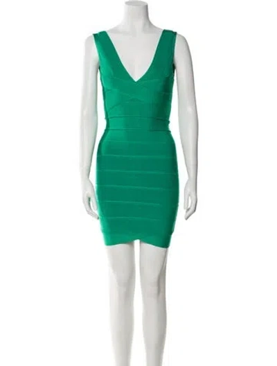 Pre-owned Herve Leger V-neck Mini Dress W/ Tags In Green