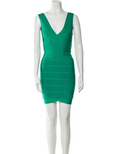 Pre-owned Herve Leger V-neck Mini Dress W/ Tags In Green